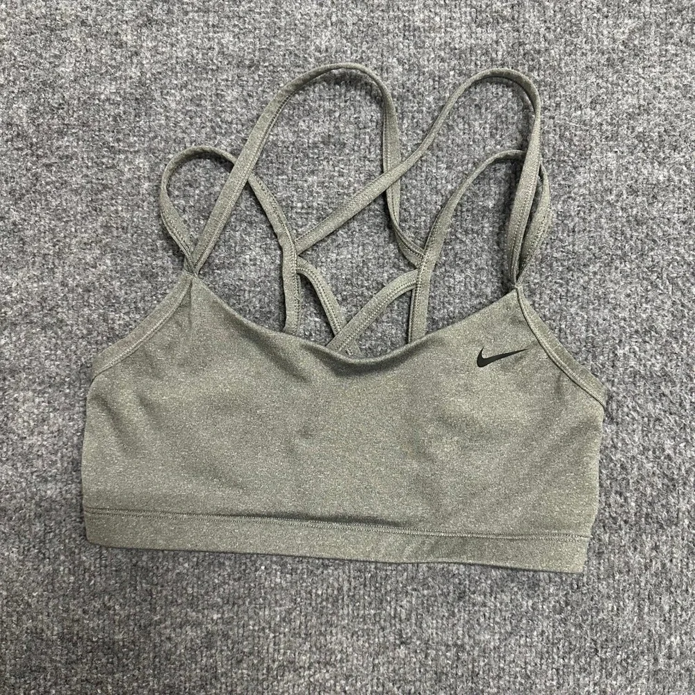 Nike Sports Bra Womens Size M Olive Green Dri-Fit Strappy Crisscross Back Sport